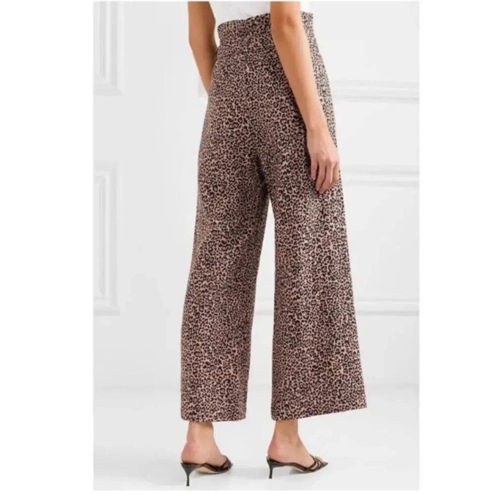 Reformation Womens 0 Jackie Leopard Linen Cropped Belted Wide Leg Pants Beachy